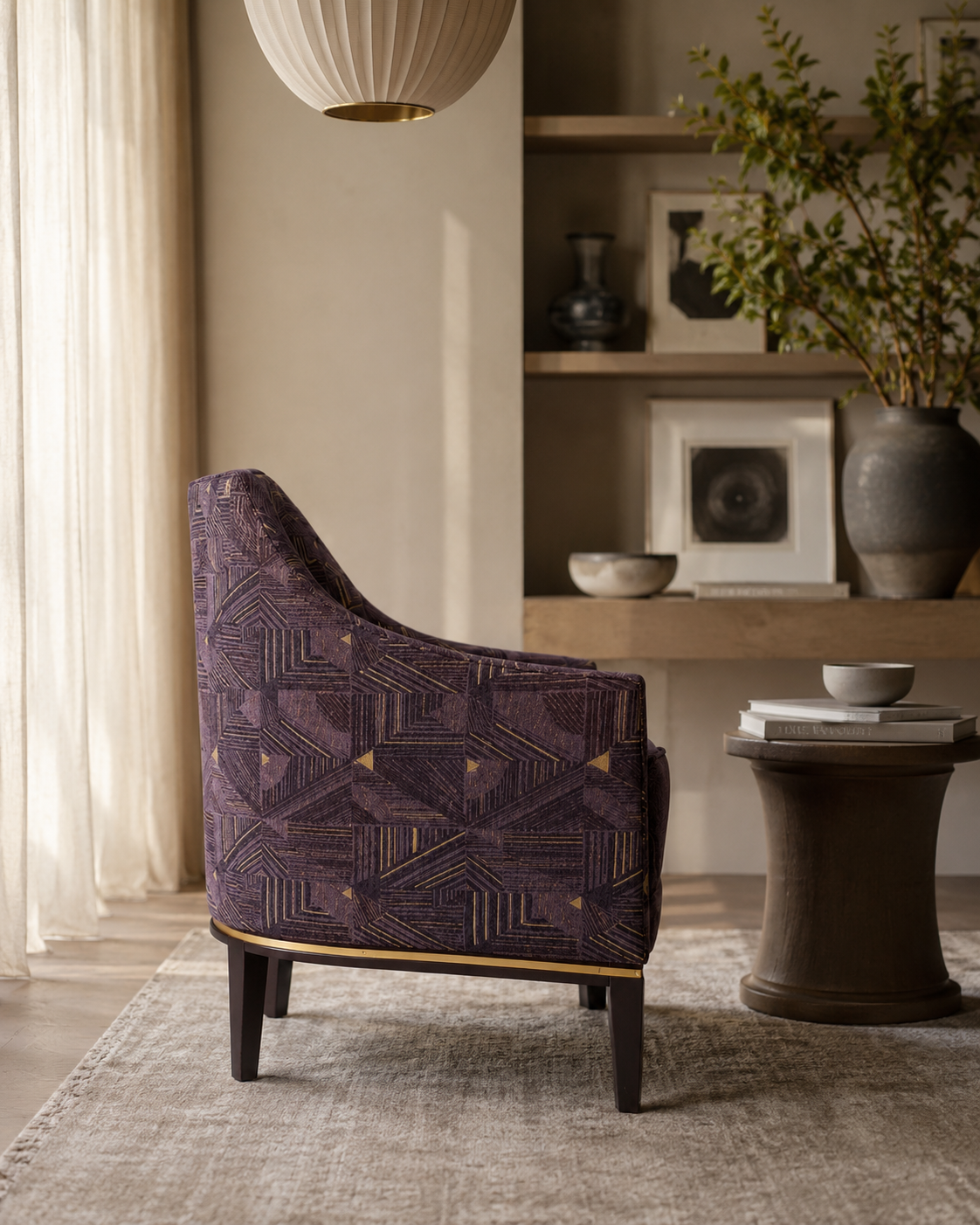 Fauteuil Tonneau Violet Pieds Bois
