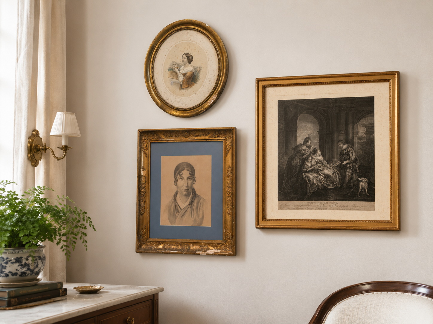 Tableau ancien encadré - portrait féminin
