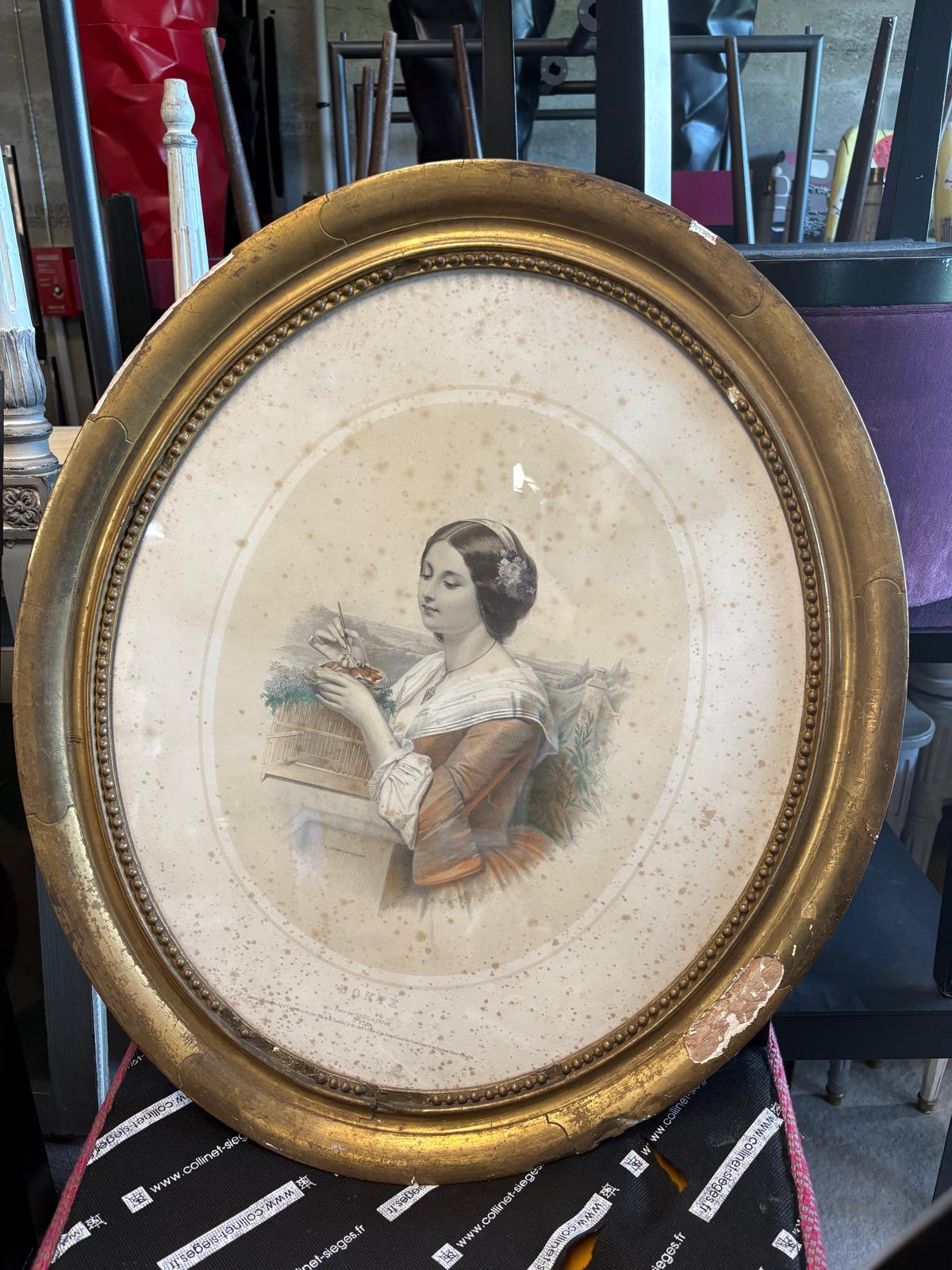 Tableau ancien encadré - portrait féminin
